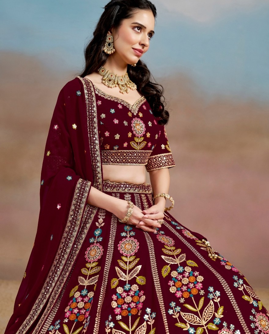 6008-Maroon - Stunning maroon Thread Work Georgette Engagement Wear Lehenga With Blouse